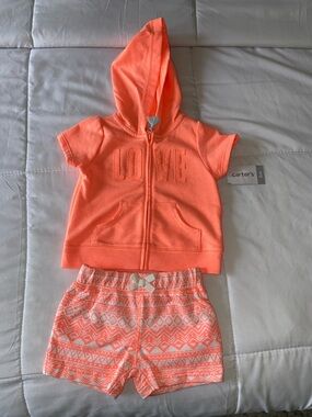 Carter's Coral Hooded 'LOVE' Zip Top with Coral & White Patterned Shorts